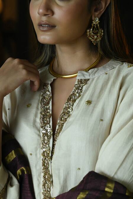 Buy_Shorshe Clothing_Beige Chanderi Embroidery, Sequins Bandeau Neck Chitkan Kurta With Salwar_Online_at_Aza_Fashions