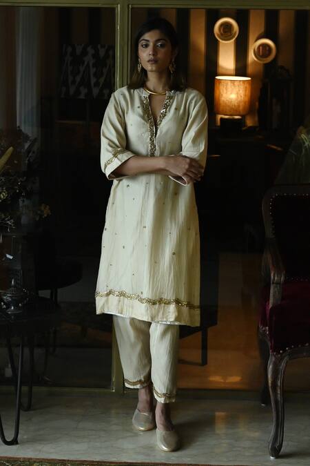 Shop_Shorshe Clothing_Beige Chanderi Embroidery, Sequins Bandeau Neck Chitkan Kurta With Salwar
