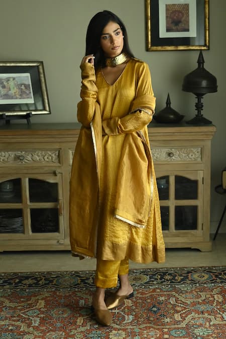 Shop_Shorshe Clothing_Gold Lace Detailed Dupatta _at_Aza_Fashions