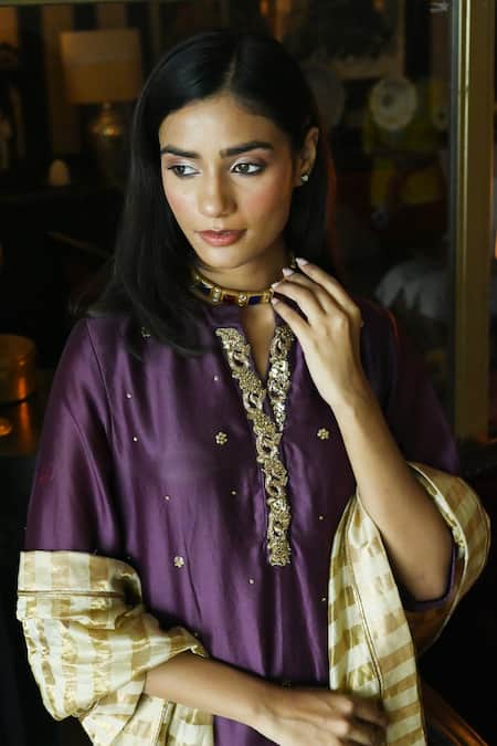 Shorshe Clothing_Purple Chanderi Embroidery, Sequins Bandeau Neck Noor Kurta With Salwar _Online_at_Aza_Fashions