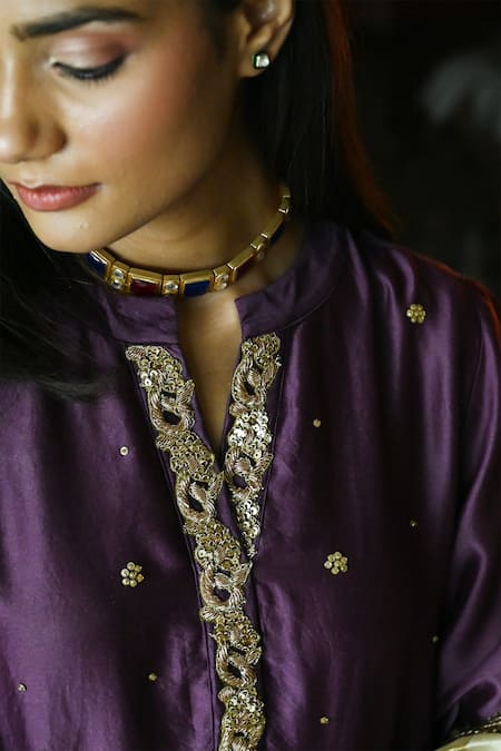 Buy_Shorshe Clothing_Purple Chanderi Embroidery, Sequins Bandeau Neck Noor Kurta With Salwar _Online_at_Aza_Fashions