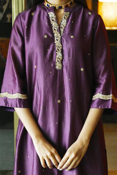 Shop_Shorshe Clothing_Purple Chanderi Embroidery, Sequins Bandeau Neck Noor Kurta With Salwar _Online_at_Aza_Fashions