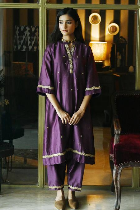 Shorshe Clothing_Purple Chanderi Embroidery, Sequins Bandeau Neck Noor Kurta With Salwar _at_Aza_Fashions
