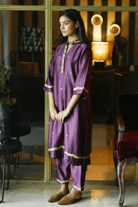 Buy_Shorshe Clothing_Purple Chanderi Embroidery, Sequins Bandeau Neck Noor Kurta With Salwar 