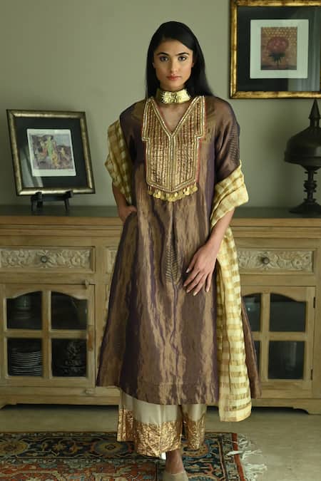 Shorshe Clothing_Beige Chanderi, Tissue Embroidery Stripe Pattern Dupatta _Online_at_Aza_Fashions