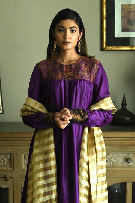 Shorshe Clothing_Purple Chanderi, Brocade, Handloom Cotton Floral Hand Yoke Kurta With Palazzo_Online_at_Aza_Fashions
