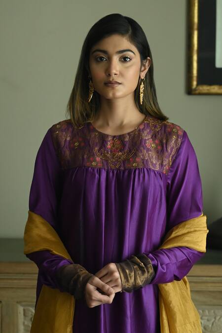 Buy_Shorshe Clothing_Purple Chanderi, Brocade, Handloom Cotton Floral Hand Yoke Kurta With Palazzo_Online_at_Aza_Fashions