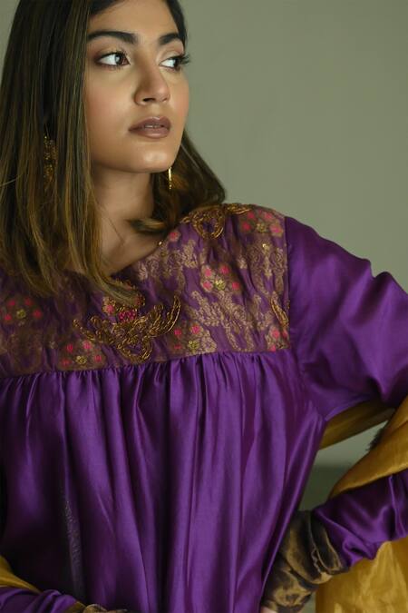Shop_Shorshe Clothing_Purple Chanderi, Brocade, Handloom Cotton Floral Hand Yoke Kurta With Palazzo_Online_at_Aza_Fashions