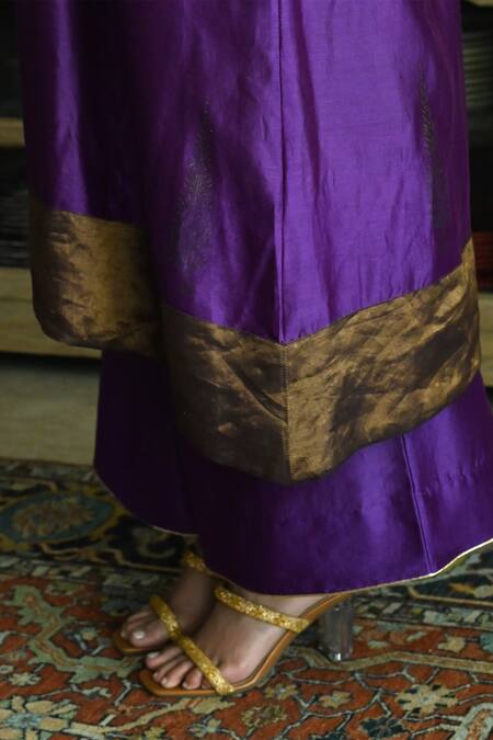 Shorshe Clothing_Purple Chanderi, Brocade, Handloom Cotton Floral Hand Yoke Kurta With Palazzo_at_Aza_Fashions