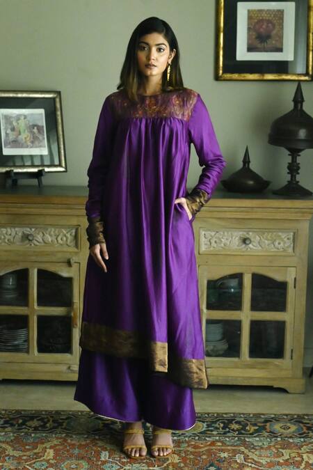 Buy_Shorshe Clothing_Purple Chanderi, Brocade, Handloom Cotton Floral Hand Yoke Kurta With Palazzo