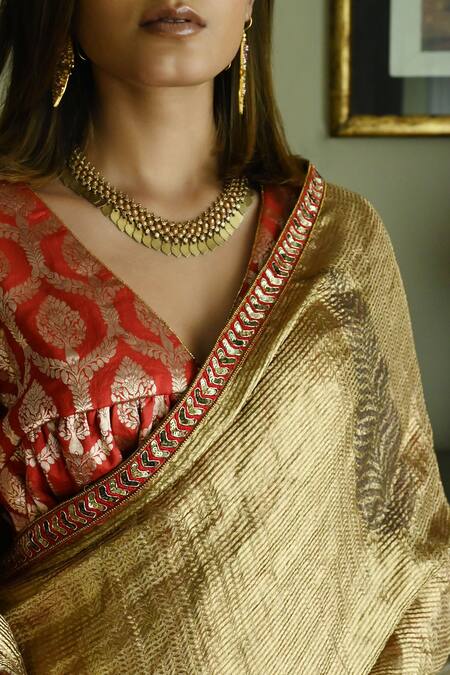 Shorshe Clothing_Red Brocade Embroidery V-neck Leaf Pattern Blouse _Online_at_Aza_Fashions