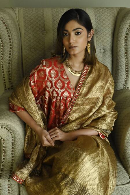 Shop_Shorshe Clothing_Red Brocade Embroidery V-neck Leaf Pattern Blouse _Online_at_Aza_Fashions