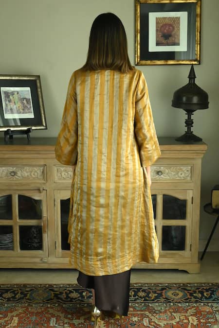 Shop_Shorshe Clothing_Yellow Handloom Cotton Beads, Sequins V-neck Oonch Neech Kurta With Cowl Skirt _at_Aza_Fashions