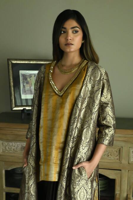 Buy_Shorshe Clothing_Yellow Handloom Cotton Beads, Sequins V-neck Oonch Neech Kurta With Cowl Skirt _Online_at_Aza_Fashions