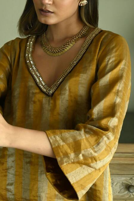 Shop_Shorshe Clothing_Yellow Handloom Cotton Beads, Sequins V-neck Oonch Neech Kurta With Cowl Skirt _Online_at_Aza_Fashions