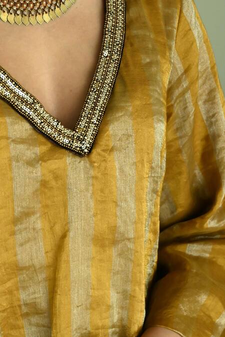 Shorshe Clothing_Yellow Handloom Cotton Beads, Sequins V-neck Oonch Neech Kurta With Cowl Skirt _at_Aza_Fashions