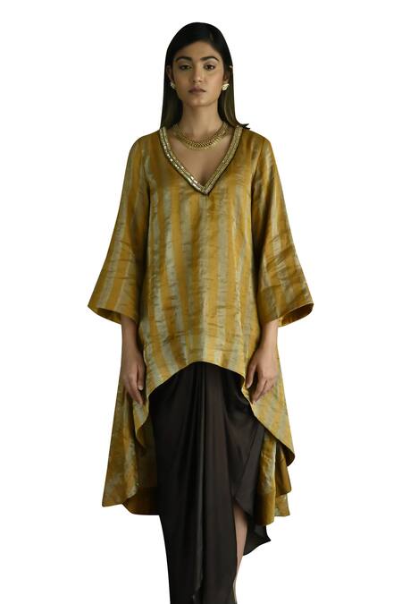Buy_Shorshe Clothing_Yellow Handloom Cotton Beads, Sequins V-neck Oonch Neech Kurta With Cowl Skirt 