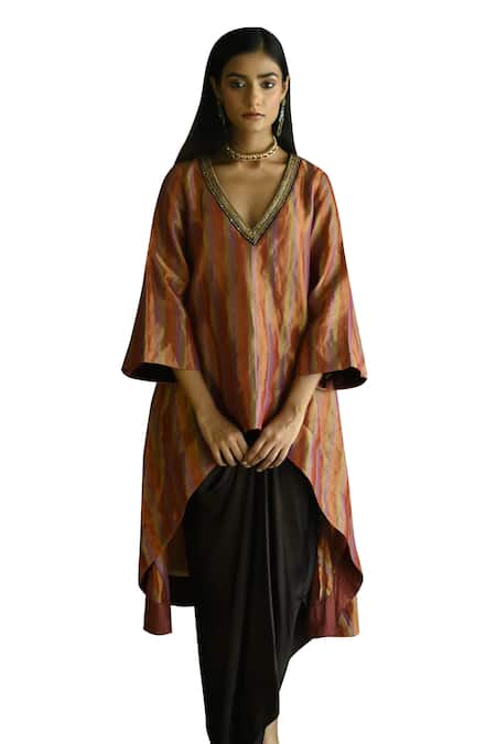 Shop Shorshe Clothing Purple Handloom Cotton Sequins, Beads V-neck Oonch Neech Kurta And Cowl Skirt Set Online at Aza Fashions Shop_Shorshe Clothing_Purple Handloom Cotton Sequins, Beads V-neck Oonch Neech Kurta And Cowl Skirt Set _Online_at_Aza_Fashions