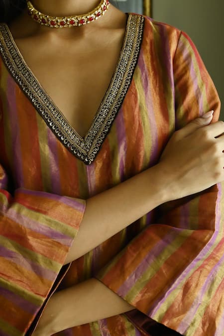 Shorshe Clothing_Purple Handloom Cotton Sequins, Beads V-neck Oonch Neech Kurta And Cowl Skirt Set _at_Aza_Fashions