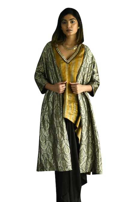 Shorshe Clothing_Brown Brocade Embroidery Open Neck Judee Floral Pattern Jacket _Online_at_Aza_Fashions