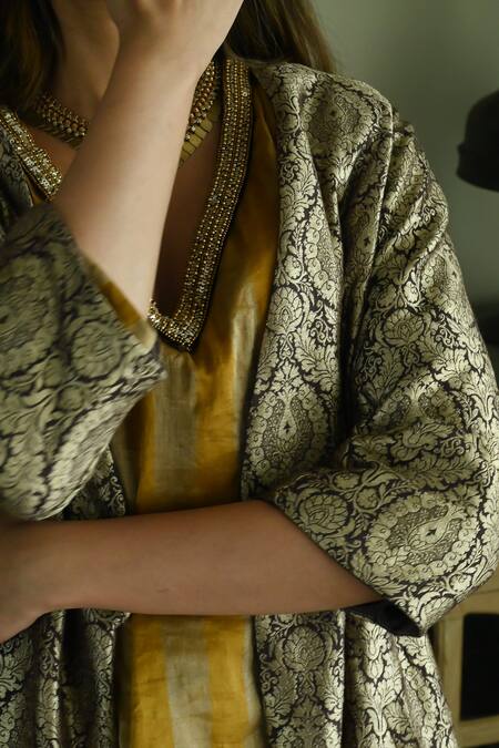 Shorshe Clothing_Brown Brocade Embroidery Open Neck Judee Floral Pattern Jacket _at_Aza_Fashions