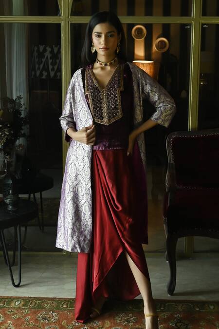 Shorshe Clothing_Purple Brocade Embroidery Open Neck Judee Floral Pattern Long Jacket_Online_at_Aza_Fashions