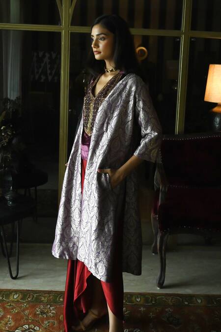 Buy_Shorshe Clothing_Purple Brocade Embroidery Open Neck Judee Floral Pattern Long Jacket_Online_at_Aza_Fashions