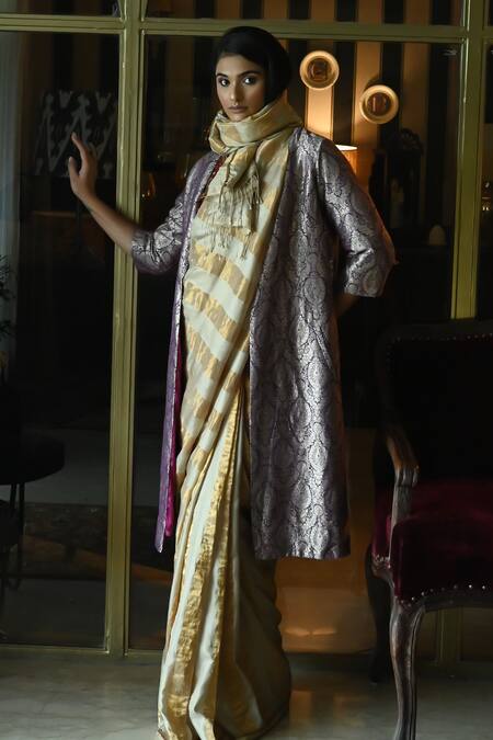 Shop_Shorshe Clothing_Purple Brocade Embroidery Open Neck Judee Floral Pattern Long Jacket_Online_at_Aza_Fashions