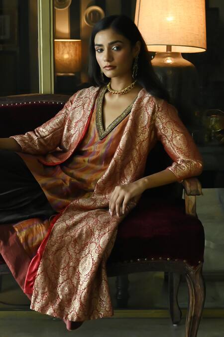 Shorshe Clothing_Red Brocade Embroidery Open Neck Judee Floral Long Jacket _Online_at_Aza_Fashions