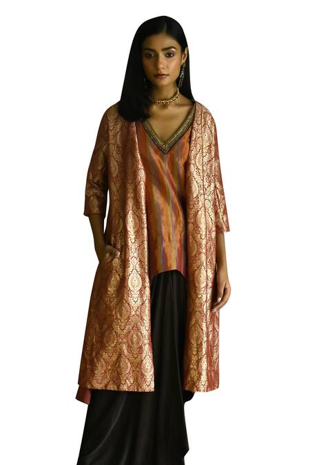 Shop Shorshe Clothing Red Brocade Embroidery Open Neck Judee Floral Long Jacket Online at Aza Fashions Shop_Shorshe Clothing_Red Brocade Embroidery Open Neck Judee Floral Long Jacket _Online_at_Aza_Fashions