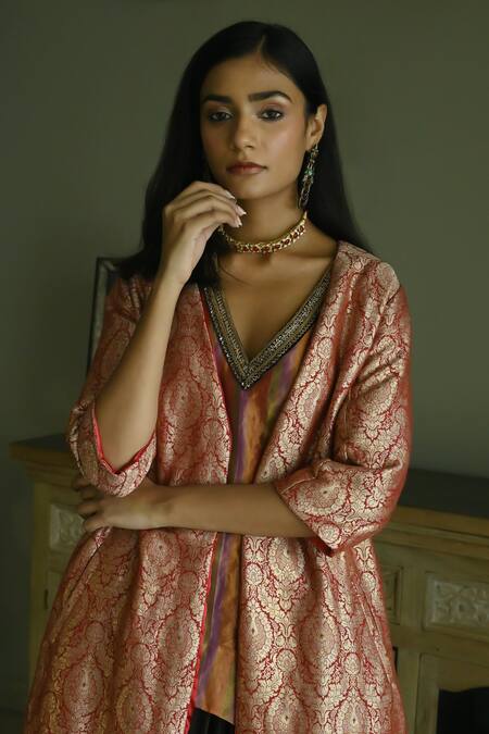 Shorshe Clothing_Red Brocade Embroidery Open Neck Judee Floral Long Jacket _at_Aza_Fashions