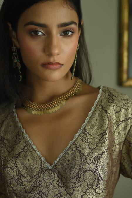 Shop_Shorshe Clothing_Brown Brocade Lace Detailed Saree Blouse_Online_at_Aza_Fashions