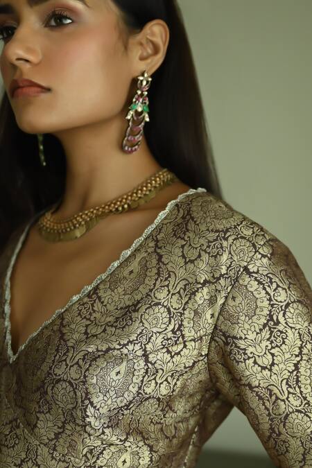 Shorshe Clothing_Brown Brocade Lace Detailed Saree Blouse_Online_at_Aza_Fashions