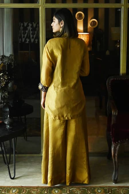 Shop_Shorshe Clothing_Gold Handloom Cotton Embroidery High Neck Megan Sleeve Hem Kurta With Gharara _at_Aza_Fashions