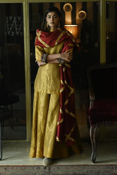 Shorshe Clothing_Gold Handloom Cotton Embroidery High Neck Megan Sleeve Hem Kurta With Gharara _Online_at_Aza_Fashions