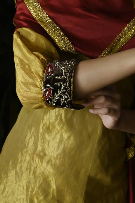 Shop_Shorshe Clothing_Gold Handloom Cotton Embroidery High Neck Megan Sleeve Hem Kurta With Gharara _Online_at_Aza_Fashions