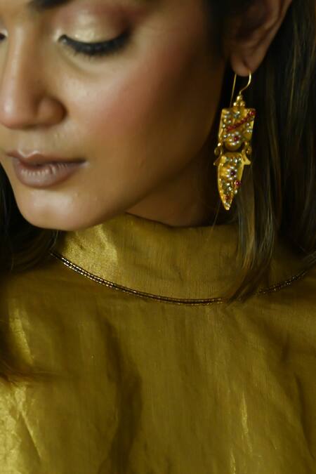 Shorshe Clothing_Gold Handloom Cotton Embroidery High Neck Megan Sleeve Hem Kurta With Gharara _at_Aza_Fashions