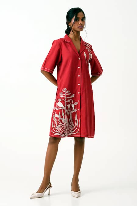 Madder Much_Red Handloom Cotton Embroidery Collared Madder Taiwo Bird Shirt Dress _at_Aza_Fashions