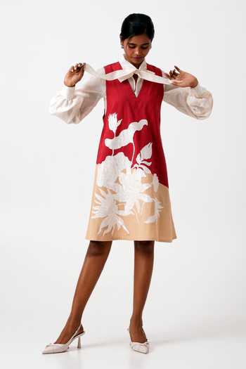 Buy_MADDER MUCH_Red Chanderi, Handloom Cotton Madder Melody A-line Dress With Tie Up Shirt 