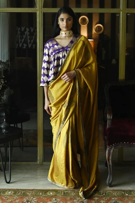 Shop_Shorshe Clothing_Yellow Silk Embroidery Leaf Block Print Saree _at_Aza_Fashions