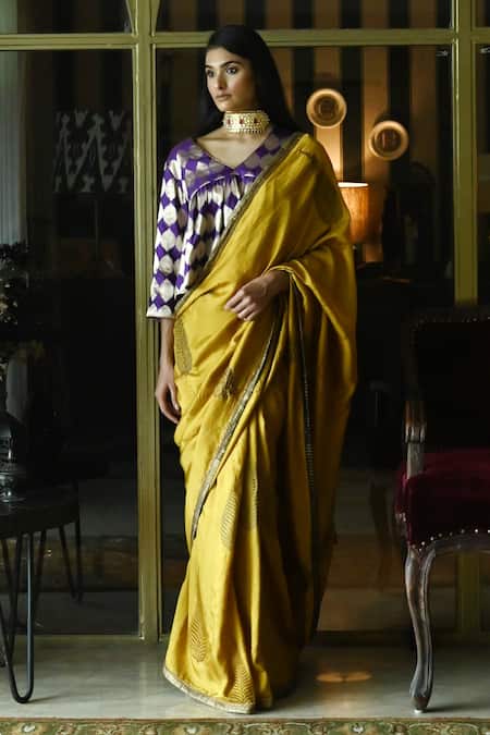 Shorshe Clothing_Yellow Silk Embroidery Leaf Block Print Saree _Online_at_Aza_Fashions