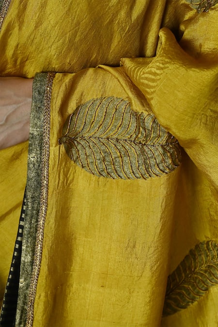 Buy_Shorshe Clothing_Yellow Silk Embroidery Leaf Block Print Saree _Online_at_Aza_Fashions