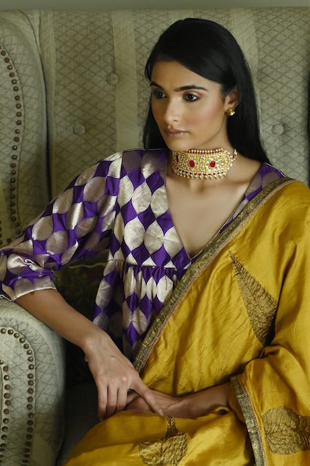 Shop_Shorshe Clothing_Yellow Silk Embroidery Leaf Block Print Saree _Online_at_Aza_Fashions