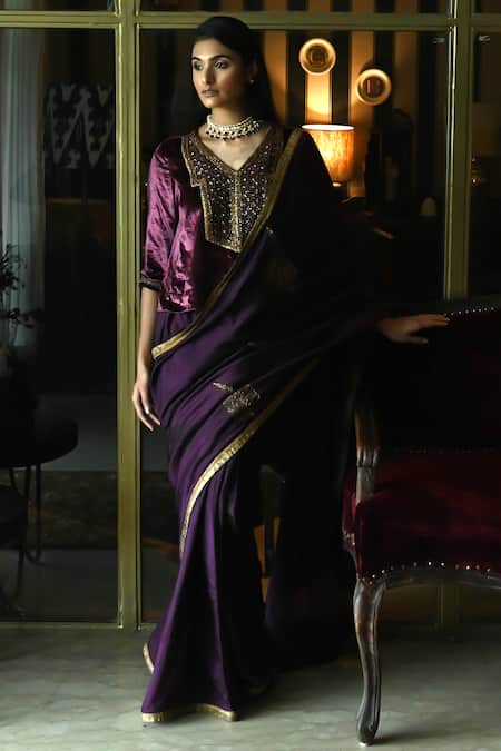 Shop_Shorshe Clothing_Purple Silk Lace Jamuni Patta Hand Block Print Saree _at_Aza_Fashions