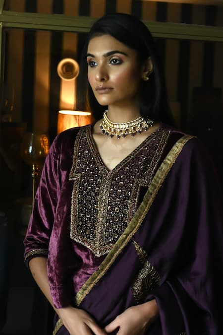 Shorshe Clothing_Purple Silk Lace Jamuni Patta Hand Block Print Saree _Online_at_Aza_Fashions