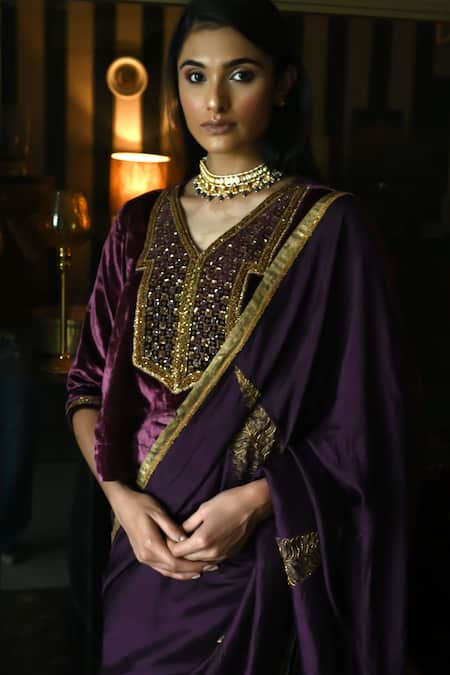 Buy_Shorshe Clothing_Purple Silk Lace Jamuni Patta Hand Block Print Saree _Online_at_Aza_Fashions