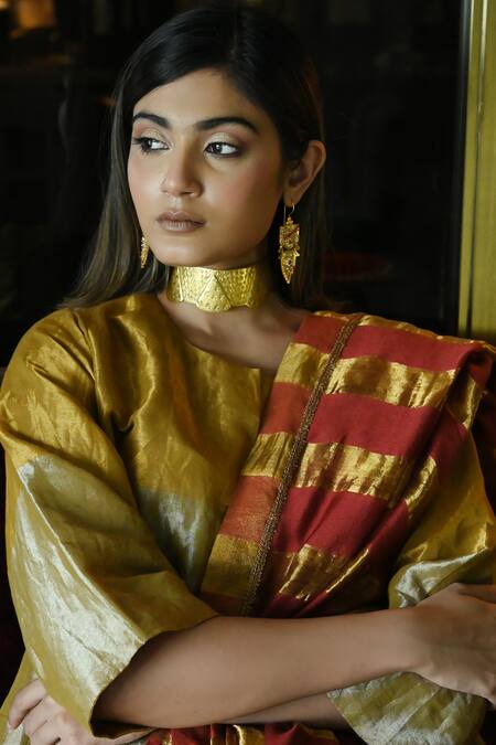 Shop_Shorshe Clothing_Red Handloom Cotton Zari Kumkum Patti Hand Woven Saree_Online_at_Aza_Fashions