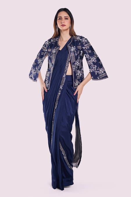 Onaya Blue Silk Sequins, Beads Open Neck, Pre-stitched Saree Embellished Jacket Set