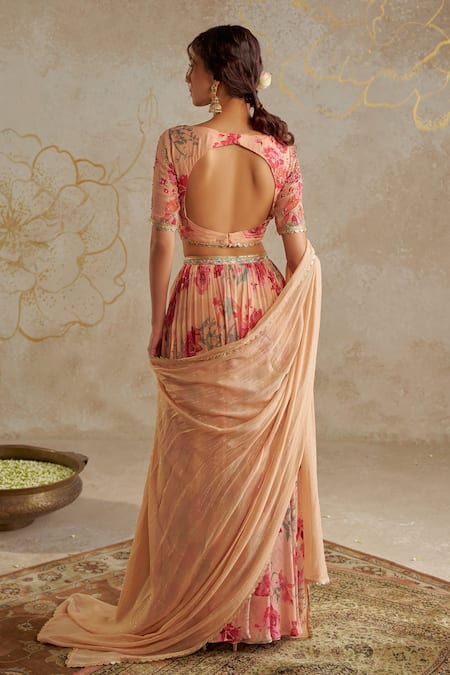 Shop Chhavvi Aggarwal Beige Georgette, Lurex Beads, Embroidery V-neck Rose Print Lehenga Set at Aza Fashions Shop_Chhavvi Aggarwal_Beige Georgette, Lurex Beads, Embroidery V-neck Rose Print Lehenga Set _at_Aza_Fashions