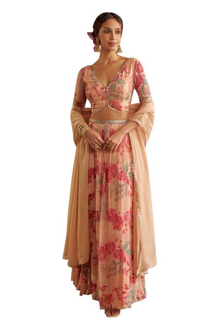 Chhavvi Aggarwal Beige Georgette, Lurex Beads, Embroidery V-neck Rose Print Lehenga Set Online at Aza Fashions Chhavvi Aggarwal_Beige Georgette, Lurex Beads, Embroidery V-neck Rose Print Lehenga Set _Online_at_Aza_Fashions